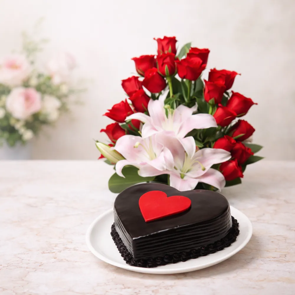 Heart Shaped Chocolate Cake with Rose & Lily Bouquet - TF Cakes Online Delivery Freshly baked handcrafted Heart Shaped Chocolate Cake with Rose & Lily Bouquet – Cake design by TF Cakes