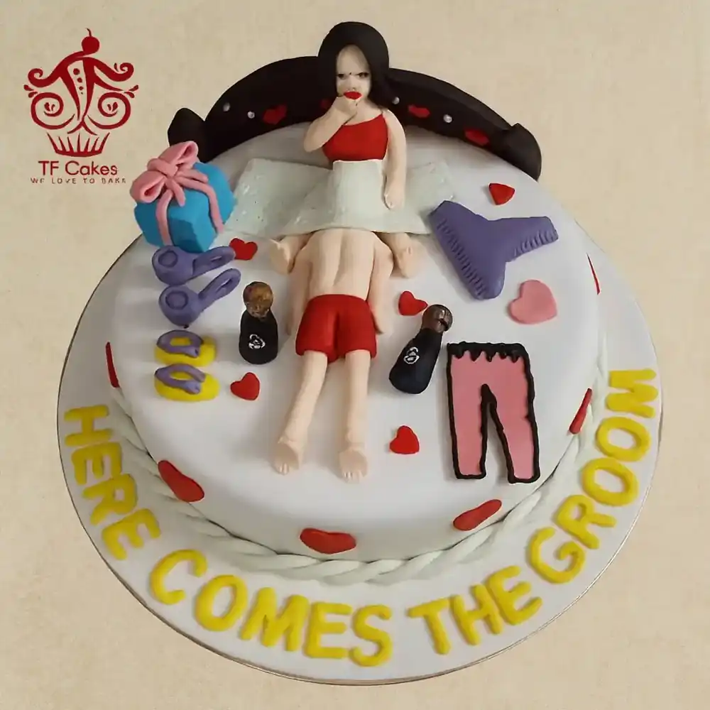 Here Comes the Groom Bachelorette Theme Cake - TF Cakes Online Delivery Freshly baked handcrafted Here Comes the Groom Bachelorette Theme Cake – Cake design by TF Cakes