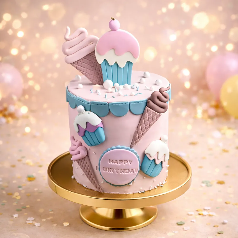 Ice Cream and Cupcake Theme Birthday Cake - TF Cakes Online Delivery Freshly baked handcrafted Ice Cream and Cupcake Theme Birthday Cake – Cake design by TF Cakes