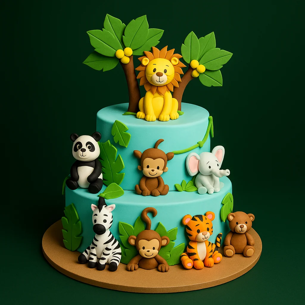 Jungle Animals Blue Tier Birthday Cake - TF Cakes Online Delivery Freshly baked handcrafted Jungle Animals Blue Tier Birthday Cake – Cake design by TF Cakes