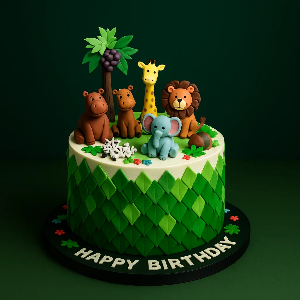 Jungle Animals Celebration Cake - TF Cakes Online Delivery Freshly baked handcrafted Jungle Animals Celebration Cake – Cake design by TF Cakes