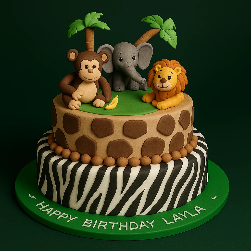 Jungle Theme Animals Fondant Cake - TF Cakes Online Delivery Freshly baked handcrafted Jungle Theme Animals Fondant Cake – Cake design by TF Cakes