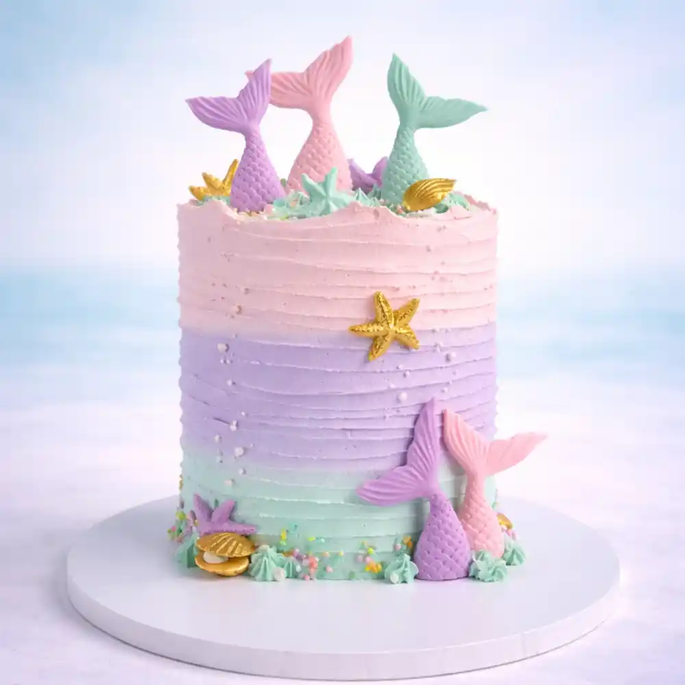 Freshly baked handcrafted Lavender Mermaid Theme Cake – Cake design by TF Cakes