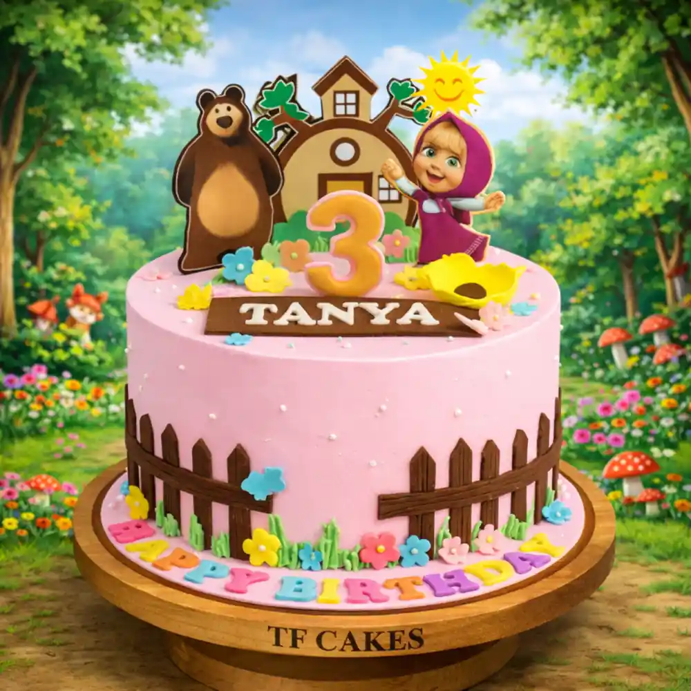 Masha and Bear Fence Theme Cake - TF Cakes Online Delivery Freshly baked handcrafted Masha and Bear Fence Theme Cake – Cake design by TF Cakes
