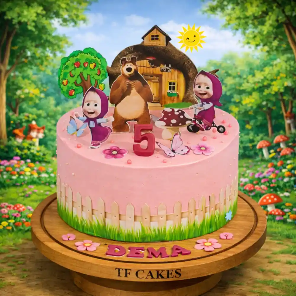 Masha and Bear Number 5 Birthday Cake - TF Cakes Online Delivery Freshly baked handcrafted Masha and Bear Number 5 Birthday Cake – Cake design by TF Cakes