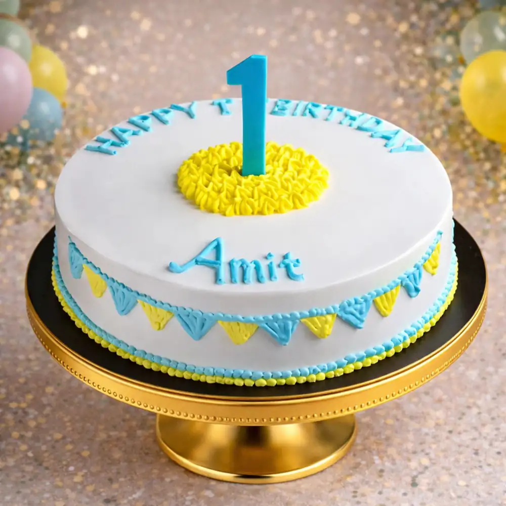 Minimal White and Yellow 1st Birthday Celebration Cake - TF Cakes Online Delivery Freshly baked handcrafted Minimal White and Yellow 1st Birthday Celebration Cake – Cake design by TF Cakes