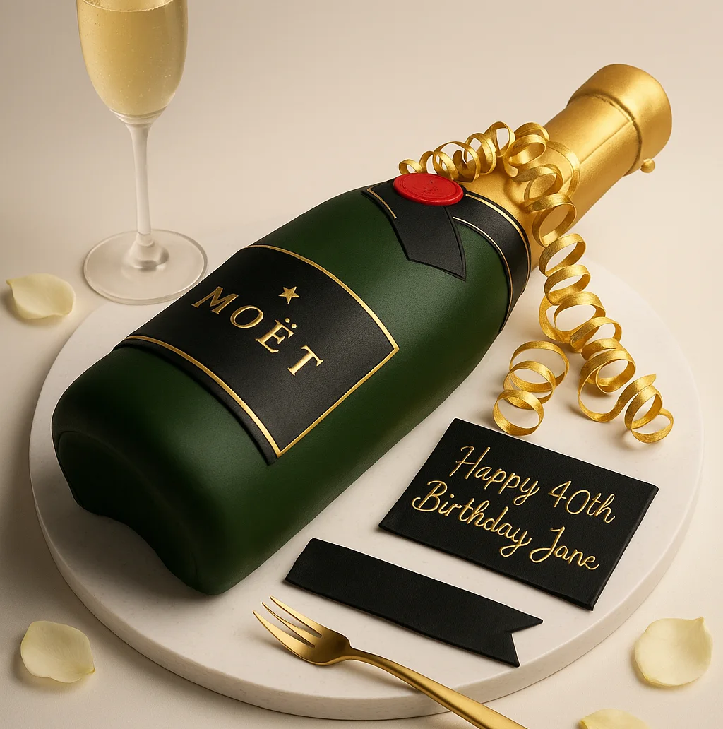 Moët Bottle Shape Birthday Cake - TF Cakes Online Delivery Freshly baked handcrafted Moët Bottle Shape Birthday Cake – Cake design by TF Cakes