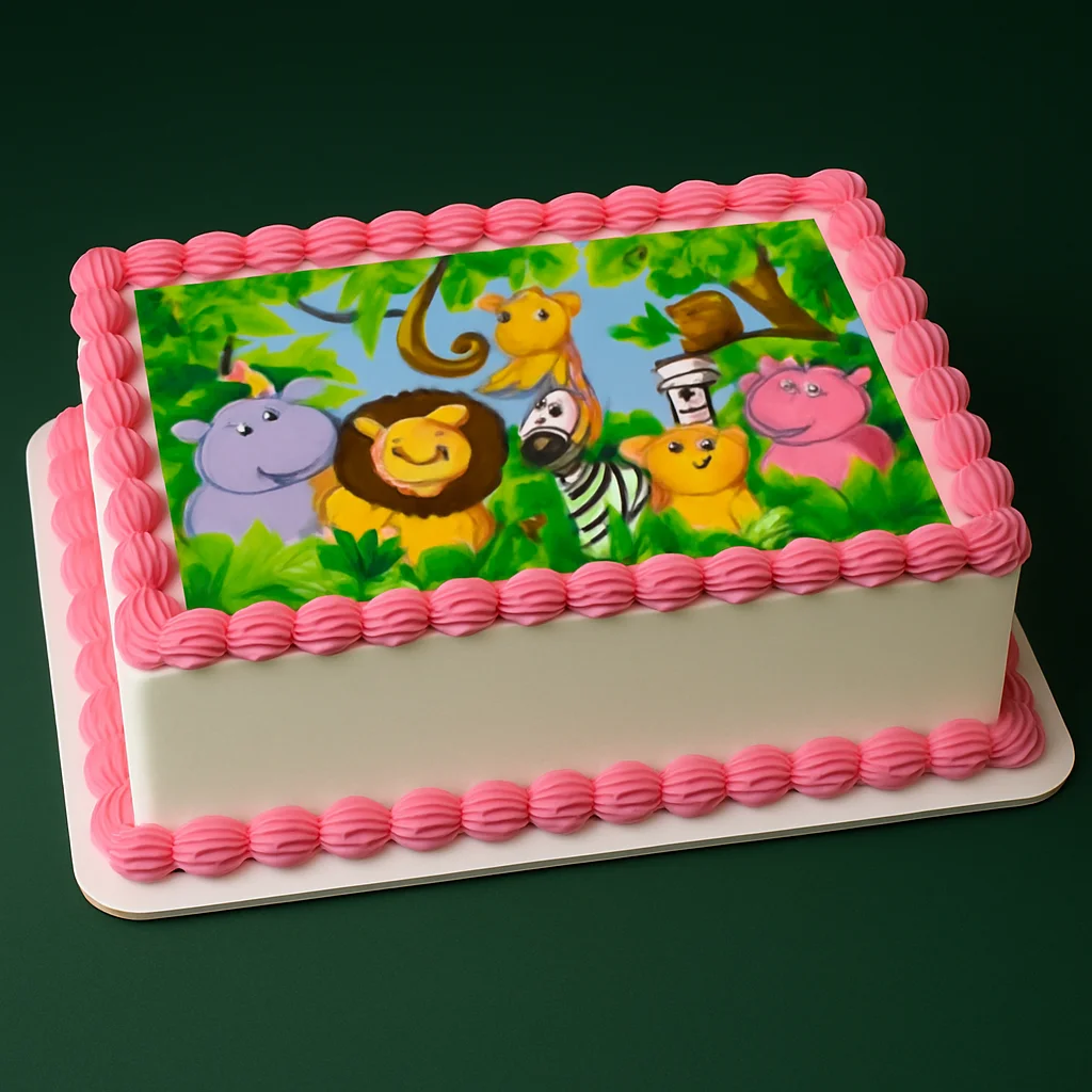 Pink Border Jungle Image Cake - TF Cakes Online Delivery Freshly baked handcrafted Pink Border Jungle Image Cake – Cake design by TF Cakes