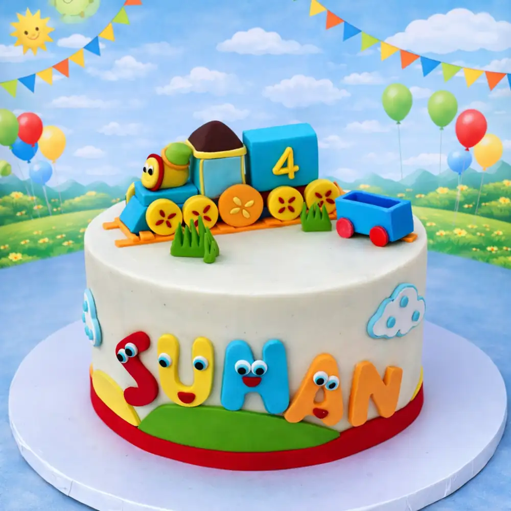 Name Train Birthday Cake - TF Cakes Online Delivery Freshly baked handcrafted Name Train Birthday Cake – Cake design by TF Cakes