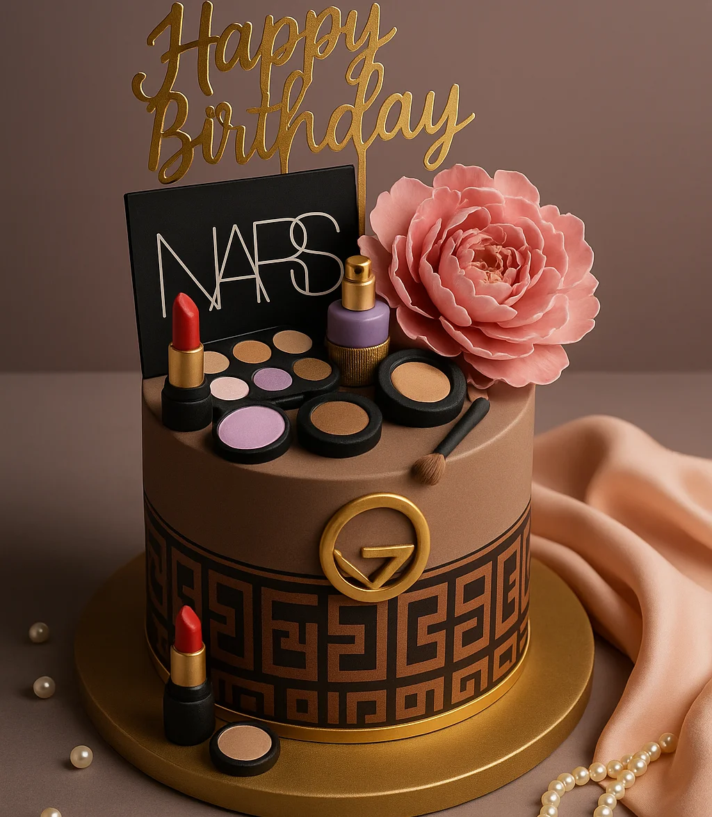 Nars Rose Gold Makeup Birthday Cake - TF Cakes Online Delivery Freshly baked handcrafted Nars Rose Gold Makeup Birthday Cake – Cake design by TF Cakes