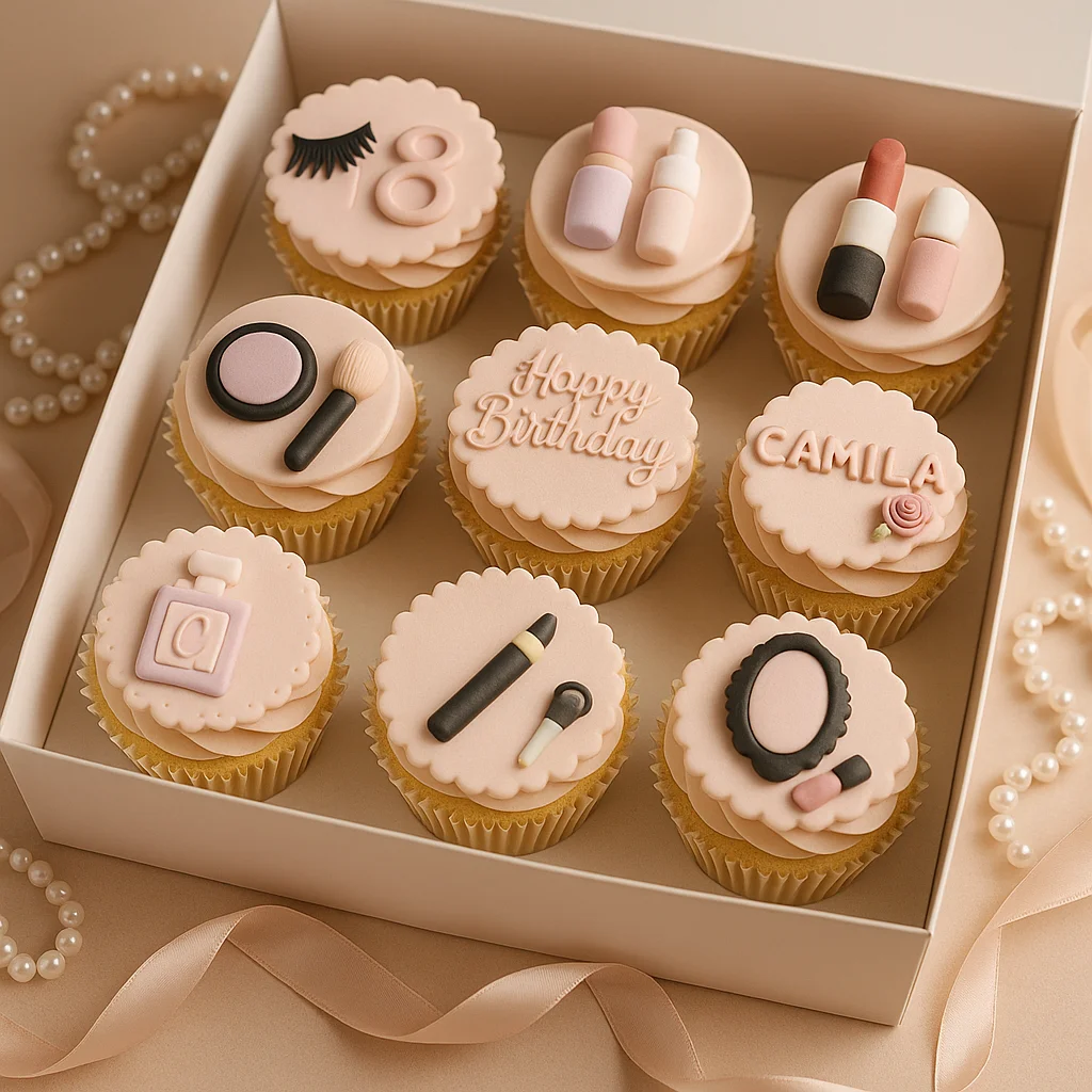 Nude Pink Makeup Cupcakes - TF Cakes Online Delivery Freshly baked handcrafted Nude Pink Makeup Cupcakes – Cake design by TF Cakes