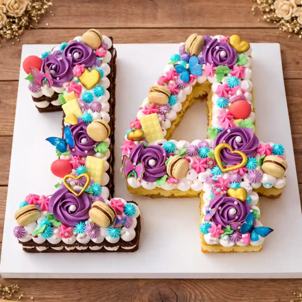 Number 14 Colorful Butterfly Cake - TF Cakes Online Delivery Freshly baked handcrafted Number 14 Colorful Butterfly Cake – Cake design by TF Cakes