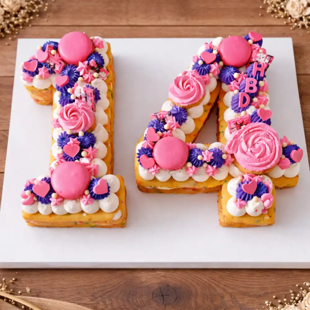 Number 14 Pink Heart Cake - TF Cakes Online Delivery Freshly baked handcrafted Number 14 Pink Heart Cake – Cake design by TF Cakes