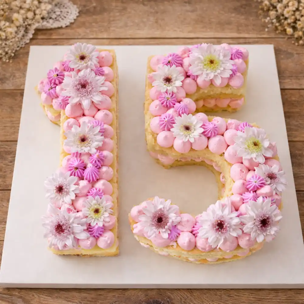 Number 15 Floral Daisy Cake - TF Cakes Online Delivery Freshly baked handcrafted Number 15 Floral Daisy Cake – Cake design by TF Cakes