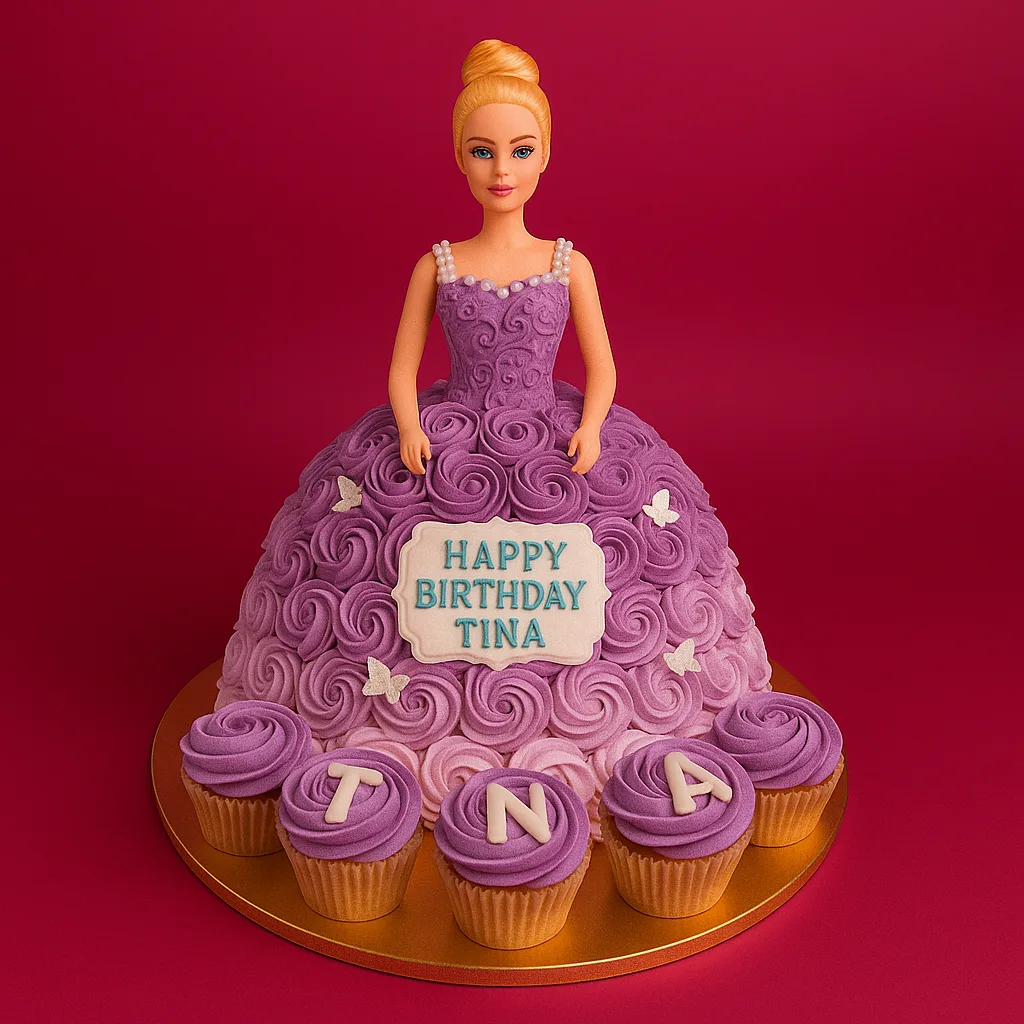 Ombre Purple Rosette Doll Cake - TF Cakes Online Delivery Freshly baked handcrafted Ombre Purple Rosette Doll Cake – Cake design by TF Cakes