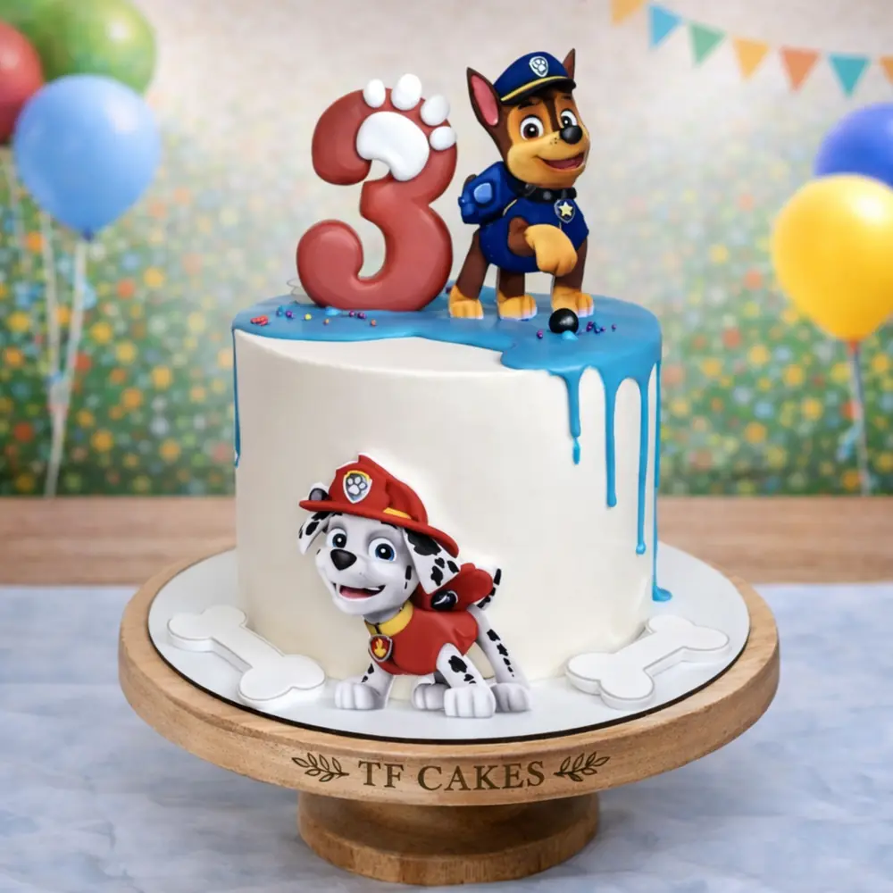Paw Patrol Drip Cake with Chase - TF Cakes Online Delivery Freshly baked handcrafted Paw Patrol Drip Cake with Chase – Cake design by TF Cakes