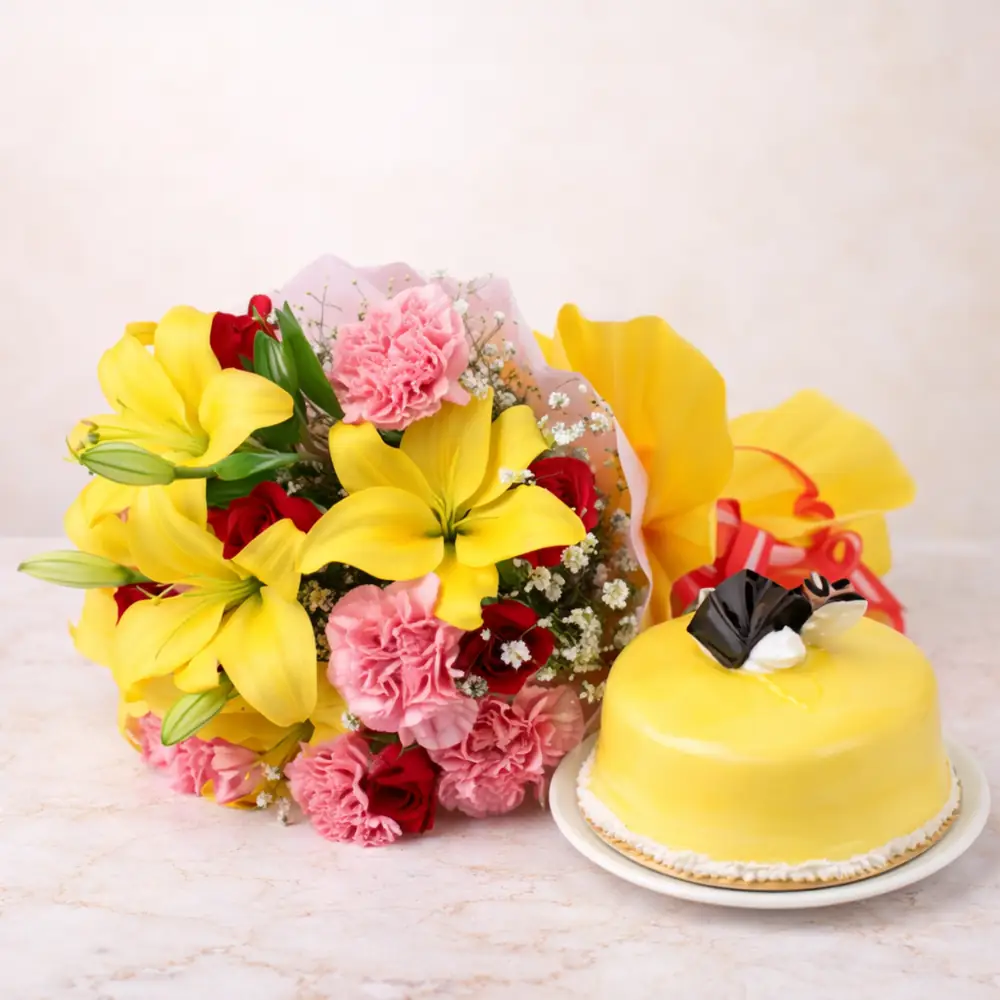 Pineapple Cake with Bright Floral Bouquet - TF Cakes Online Delivery Freshly baked handcrafted Pineapple Cake with Bright Floral Bouquet – Cake design by TF Cakes