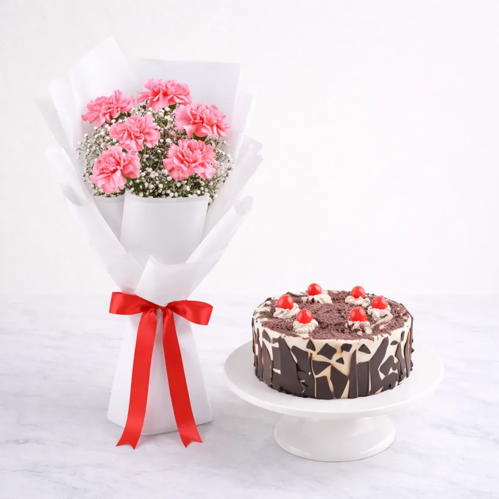 Pink Carnations Bouquet with Chocolate Cake - TF Cakes Online Delivery Freshly baked handcrafted Pink Carnations Bouquet with Chocolate Cake – Cake design by TF Cakes