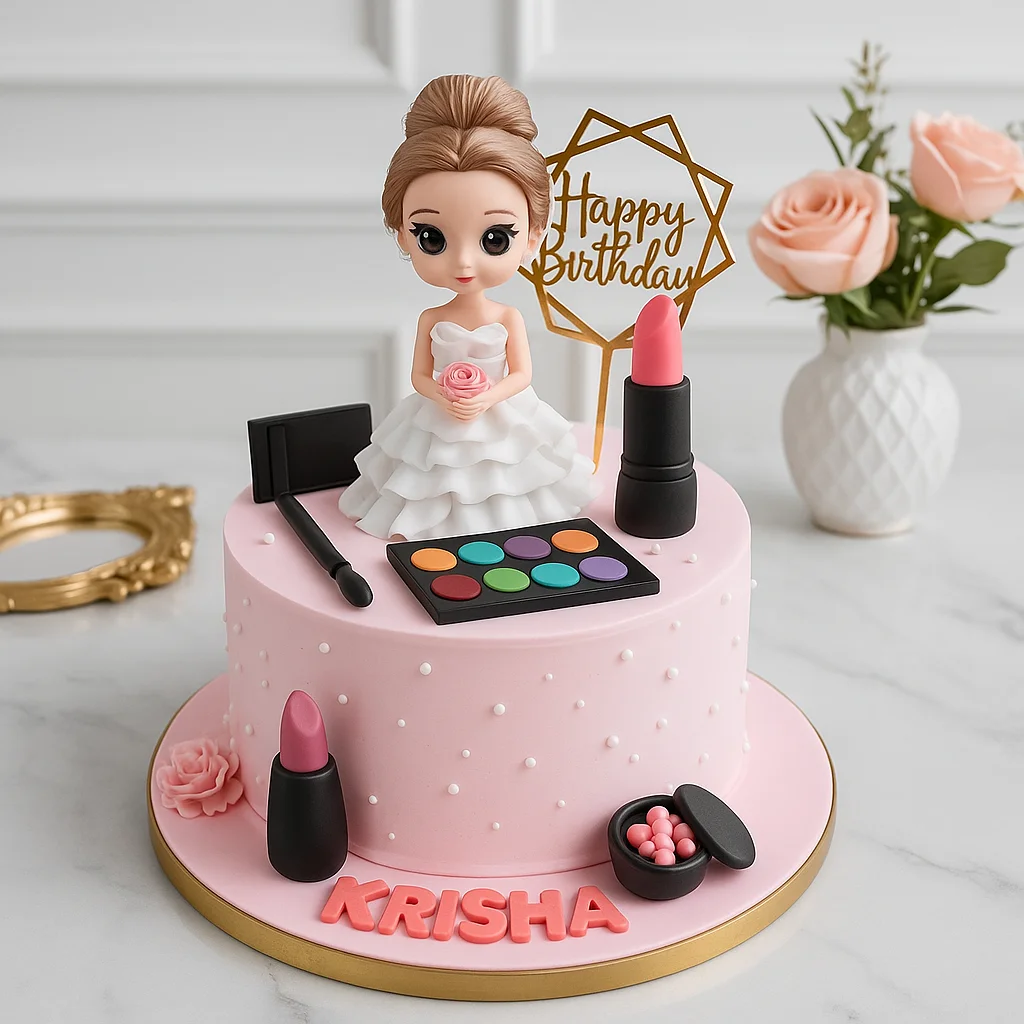 Pink Doll Makeup Cake - TF Cakes Online Delivery Freshly baked handcrafted Pink Doll Makeup Cake – Cake design by TF Cakes