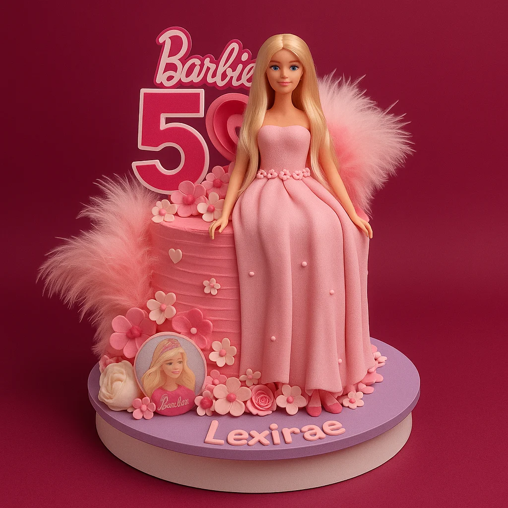 Pink Glam Barbie 50th Cake - TF Cakes Online Delivery Freshly baked handcrafted Pink Glam Barbie 50th Cake – Cake design by TF Cakes