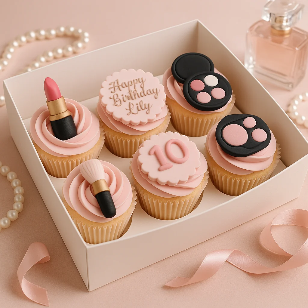Pink Makeup Cupcakes Set - TF Cakes Online Delivery Freshly baked handcrafted Pink Makeup Cupcakes Set – Cake design by TF Cakes