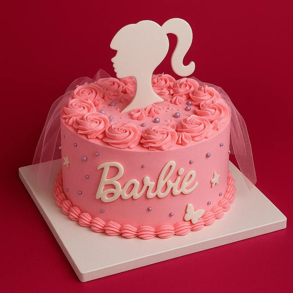 Pink Rosette Barbie Cake - TF Cakes Online Delivery Freshly baked handcrafted Pink Rosette Barbie Cake – Cake design by TF Cakes