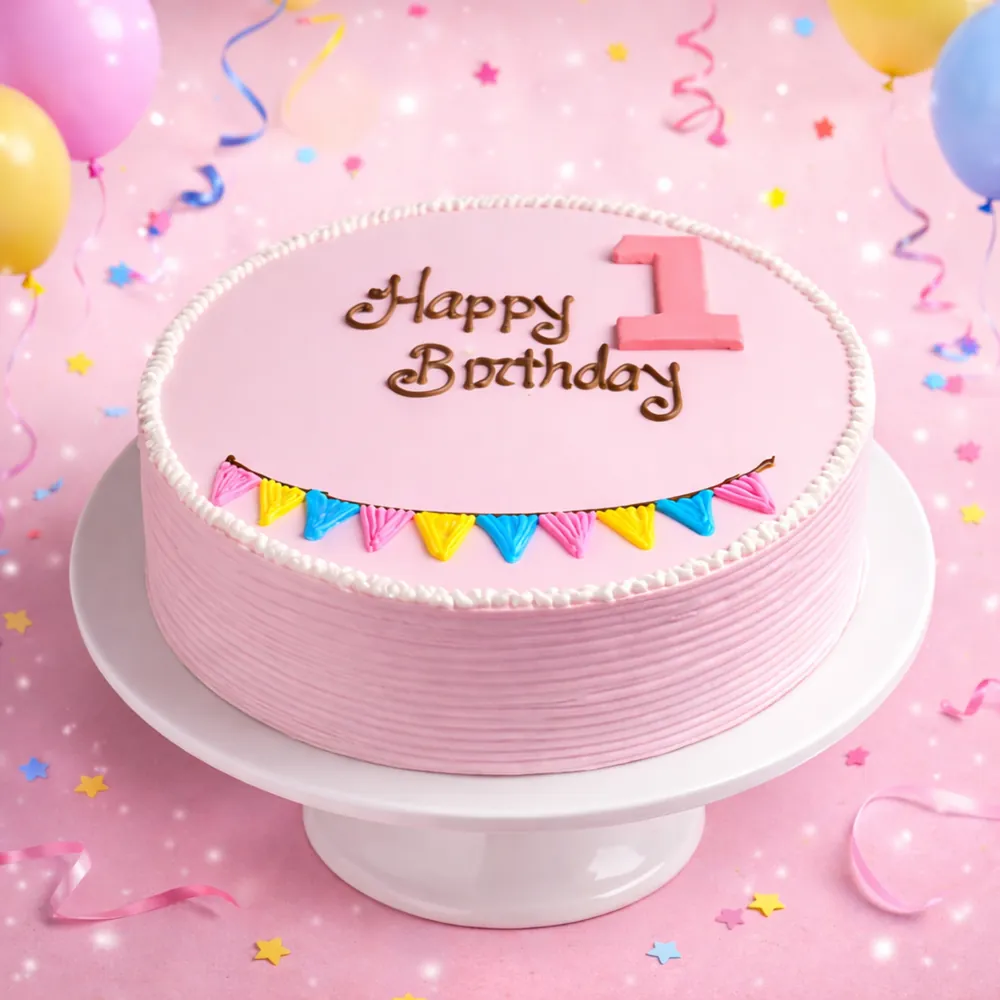 Pink Theme Happy 1st Birthday Cake for Baby Girl - TF Cakes Online Delivery Freshly baked handcrafted Pink Theme Happy 1st Birthday Cake for Baby Girl – Cake design by TF Cakes