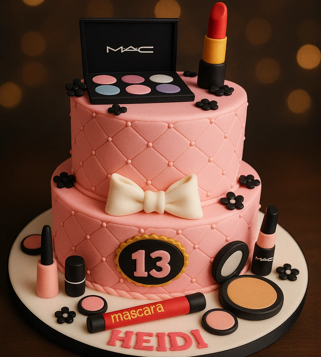 Pink Two Tier Makeup Birthday Cake - TF Cakes Online Delivery Freshly baked handcrafted Pink Two Tier Makeup Birthday Cake – Cake design by TF Cakes
