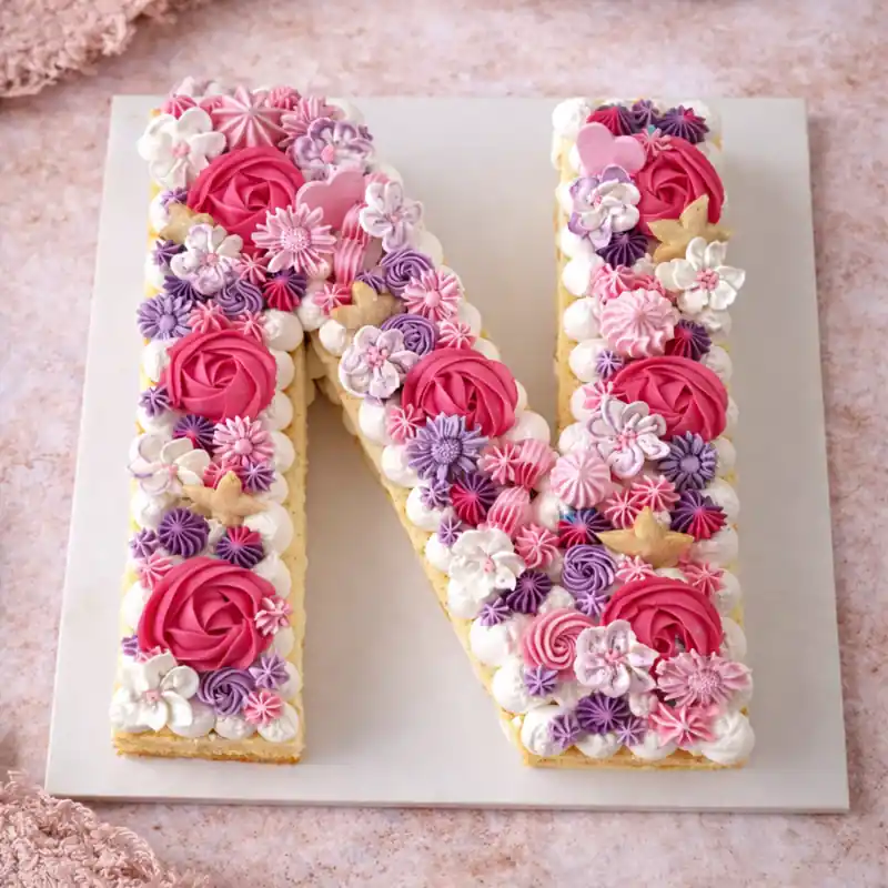 Pink Blossom Letter N Cake - TF Cakes Online Delivery Freshly baked handcrafted Pink Blossom Letter N Cake – Cake design by TF Cakes