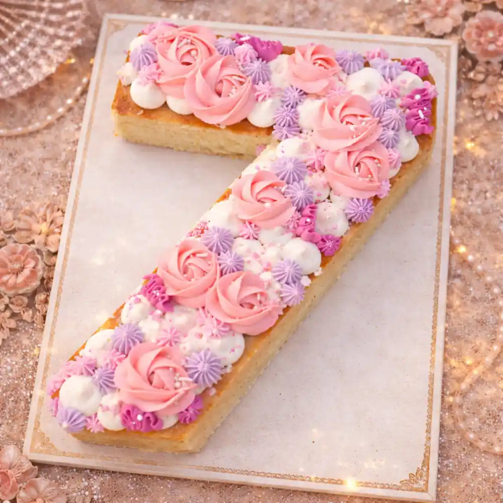 Pink Floral Number 7 Cake - TF Cakes Online Delivery Freshly baked handcrafted Pink Floral Number 7 Cake – Cake design by TF Cakes