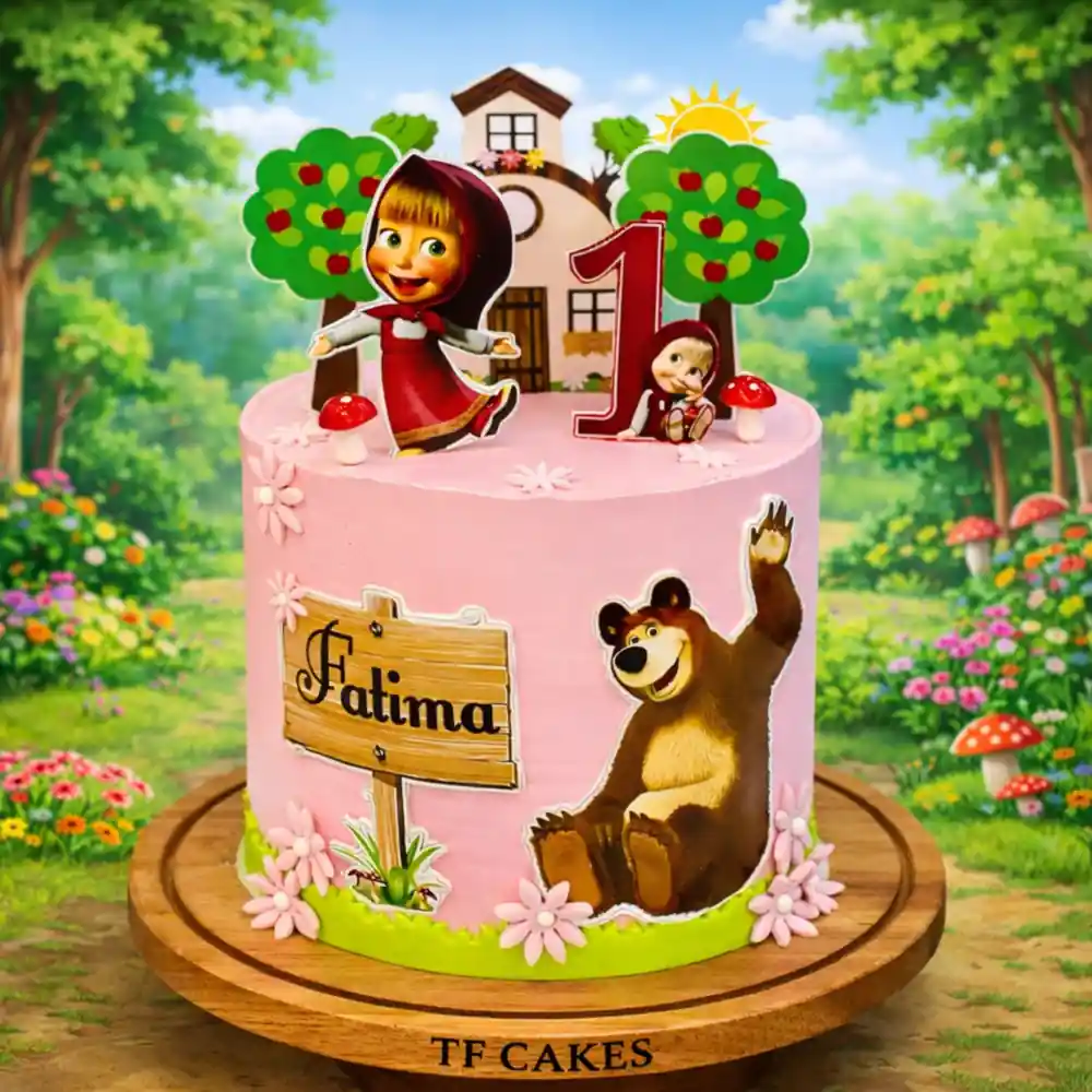 Pink Masha and Bear First Birthday Cake - TF Cakes Online Delivery Freshly baked handcrafted Pink Masha and Bear First Birthday Cake – Cake design by TF Cakes
