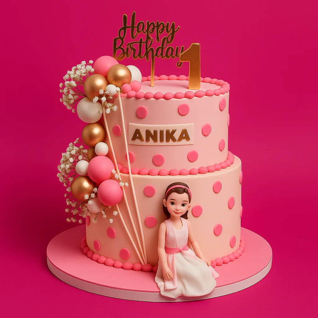 Polka Dot Two Tier Doll Cake - TF Cakes Online Delivery Freshly baked handcrafted Polka Dot Two Tier Doll Cake – Cake design by TF Cakes