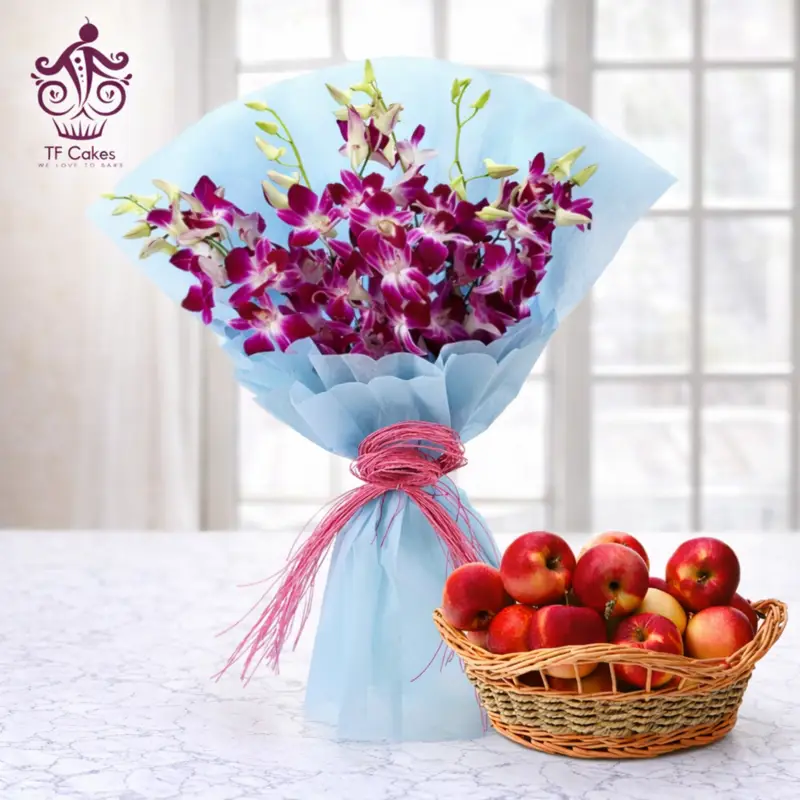 Purple Orchid Bouquet with Apple Basket - TF Cakes Online Delivery Freshly baked handcrafted Purple Orchid Bouquet with Apple Basket – Cake design by TF Cakes