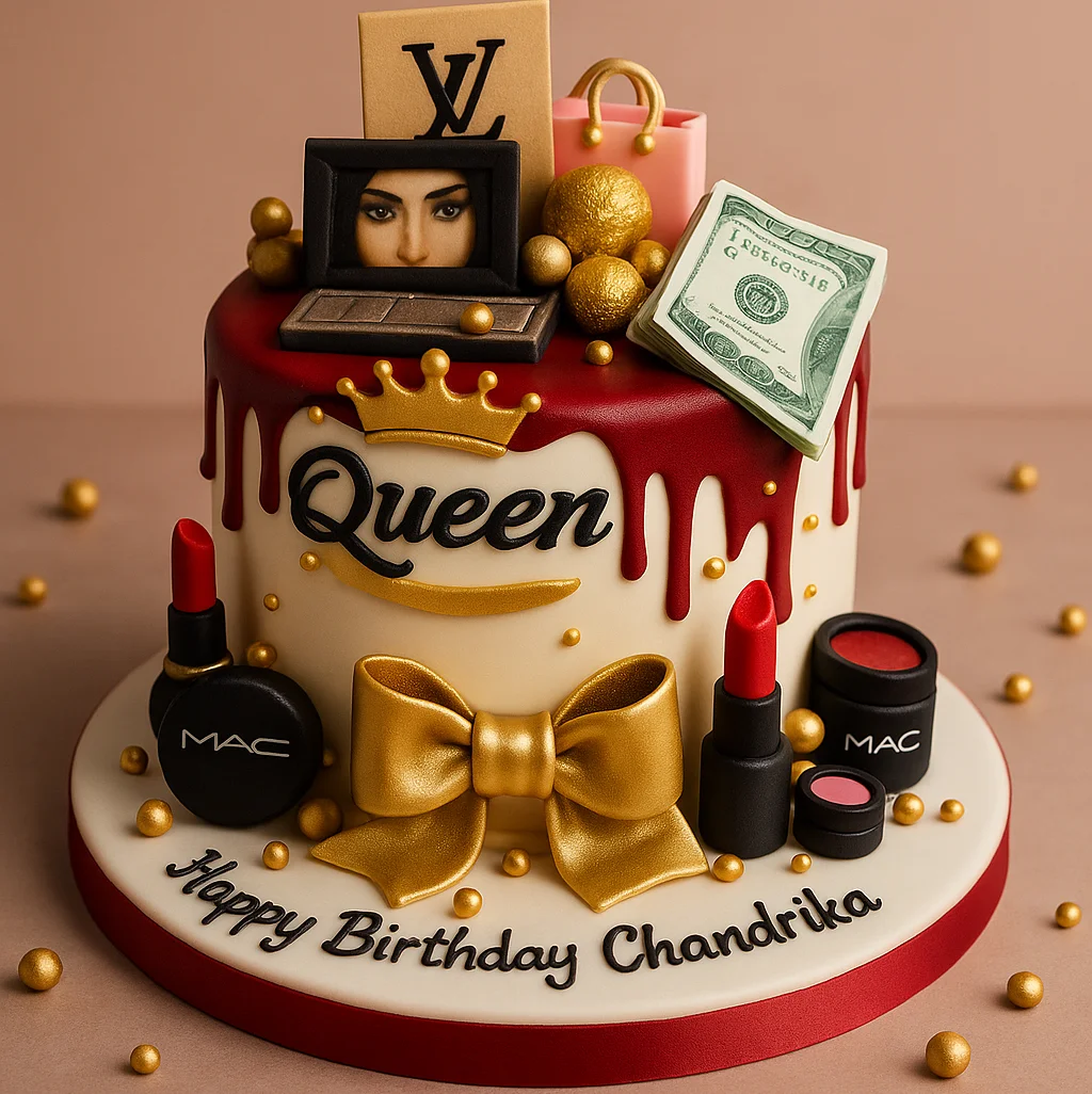 Queen Makeup Drip Cake - TF Cakes Online Delivery Freshly baked handcrafted Queen Makeup Drip Cake – Cake design by TF Cakes