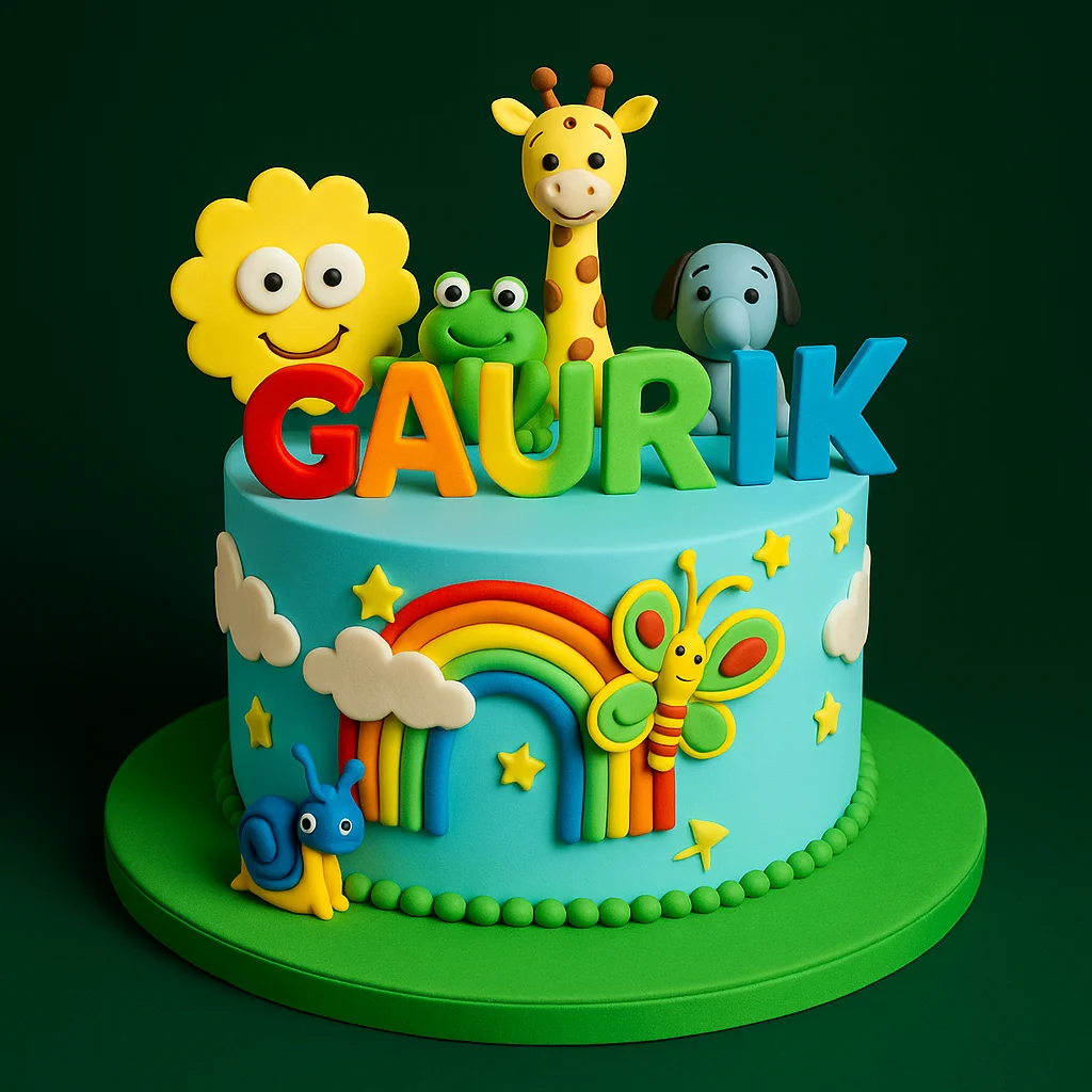 Freshly baked handcrafted Rainbow Jungle Animals Cake – Cake design by TF Cakes