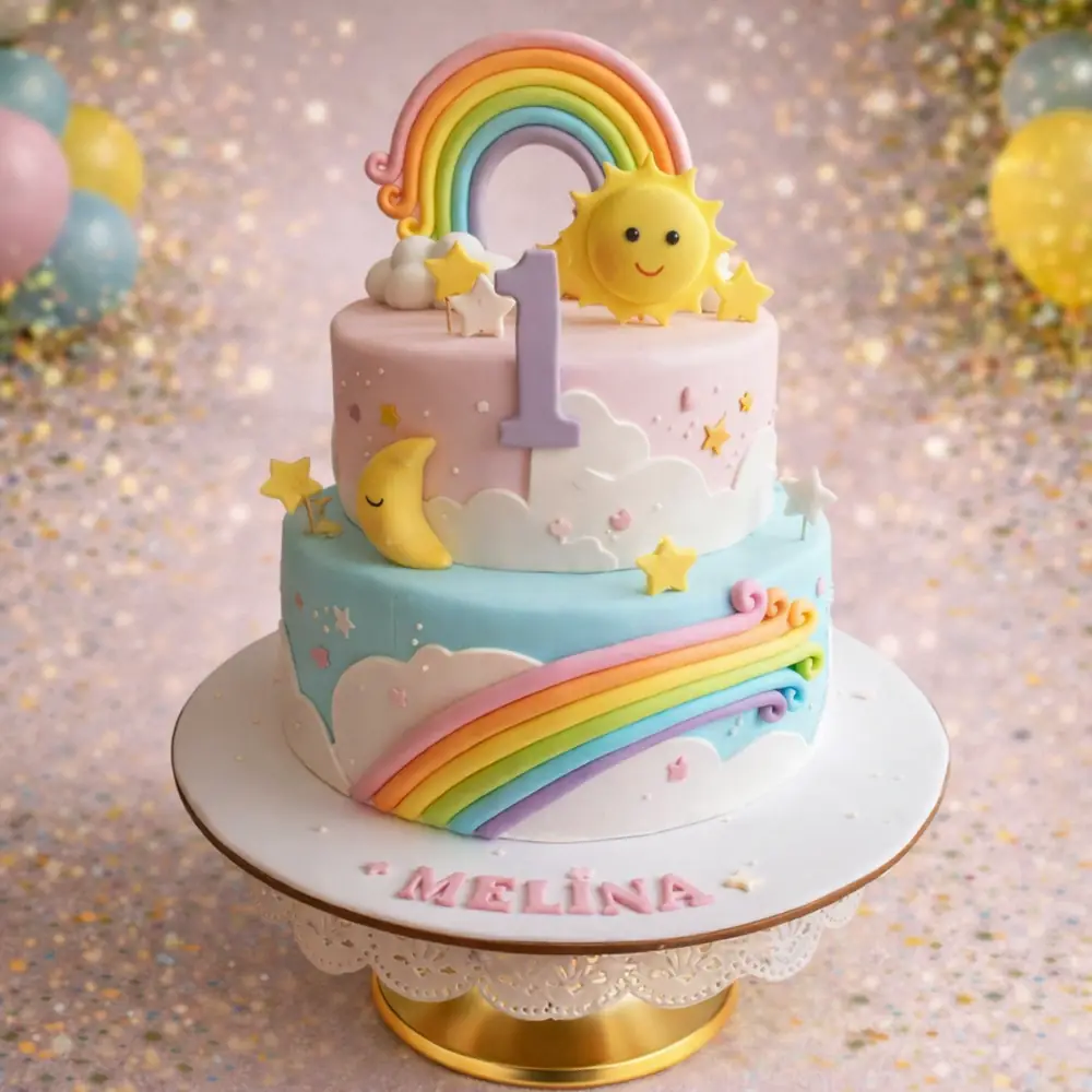 Rainbow and Sunshine Two Tier 1st Birthday Cake - TF Cakes Online Delivery Freshly baked handcrafted Rainbow and Sunshine Two Tier 1st Birthday Cake – Cake design by TF Cakes