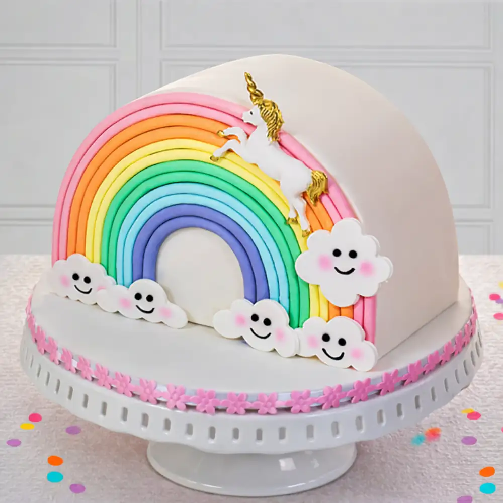 Rainbow Unicorn Half Cake - TF Cakes Online Delivery Freshly baked handcrafted Rainbow Unicorn Half Cake – Cake design by TF Cakes