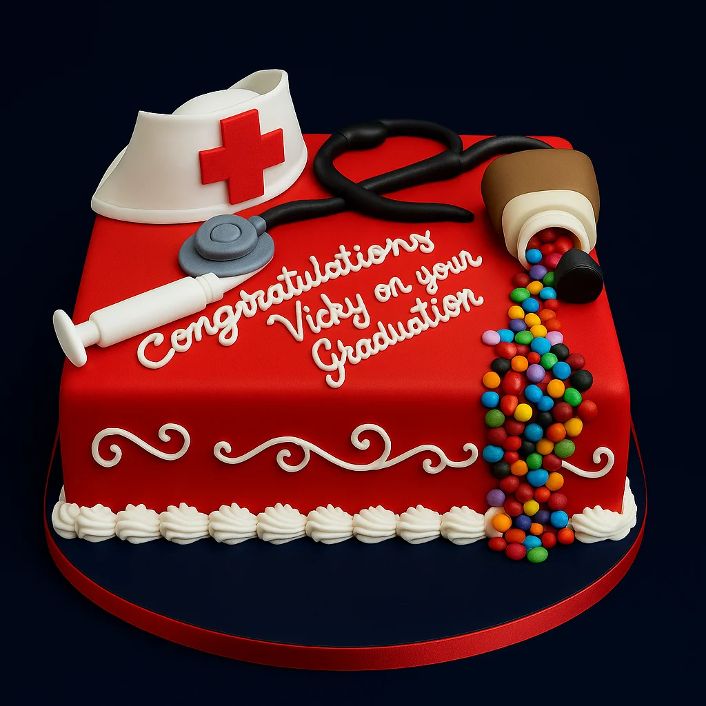 Red Nurse Graduation Theme Cake - TF Cakes Online Delivery Freshly baked handcrafted Red Nurse Graduation Theme Cake – Cake design by TF Cakes