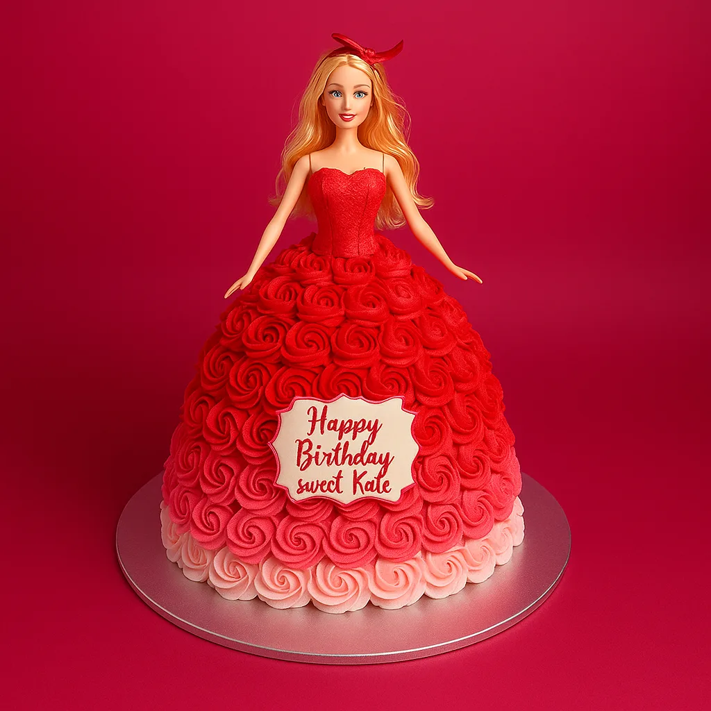 Red Ombre Rosette Doll Cake - TF Cakes Online Delivery Freshly baked handcrafted Red Ombre Rosette Doll Cake – Cake design by TF Cakes