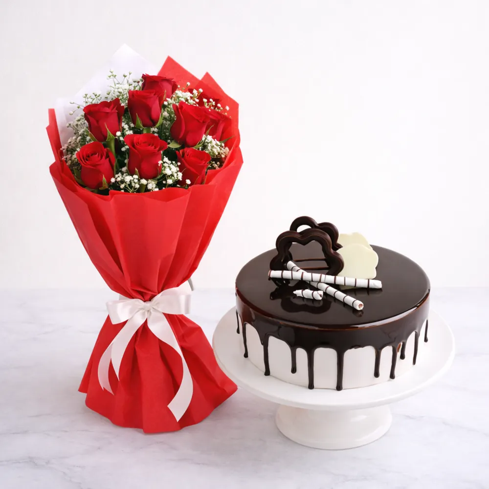 Red Roses Bouquet with Chocolate Drip Cake - TF Cakes Online Delivery Freshly baked handcrafted Red Roses Bouquet with Chocolate Drip Cake – Cake design by TF Cakes