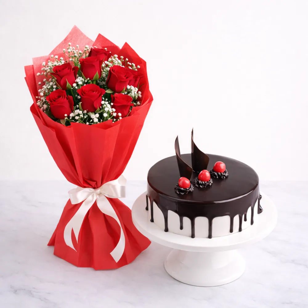 Red Roses Bouquet with Chocolate Truffle Cake - TF Cakes Online Delivery Freshly baked handcrafted Red Roses Bouquet with Chocolate Truffle Cake – Cake design by TF Cakes