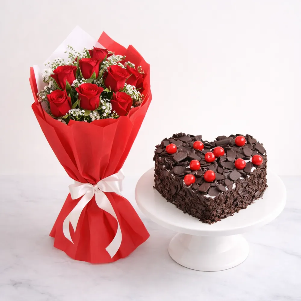 Red Roses Bouquet with Heart Shaped Chocolate Cake - TF Cakes Online Delivery Freshly baked handcrafted Red Roses Bouquet with Heart Shaped Chocolate Cake – Cake design by TF Cakes