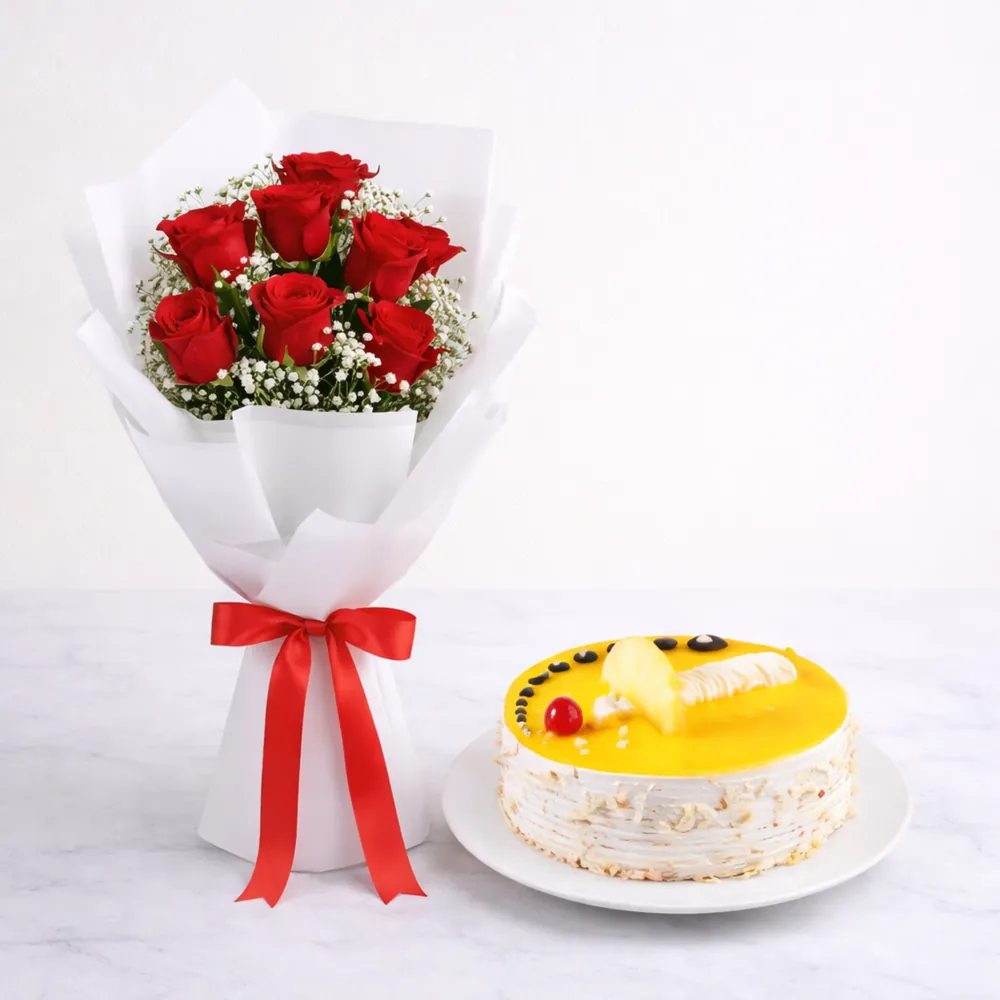 Red Roses Bouquet with Pineapple Cake - TF Cakes Online Delivery Freshly baked handcrafted Red Roses Bouquet with Pineapple Cake – Cake design by TF Cakes