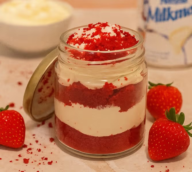 Red Velvet Cream Cheese Jar Cake - TF Cakes Online Delivery Freshly baked handcrafted Red Velvet Cream Cheese Jar Cake – Cake design by TF Cakes