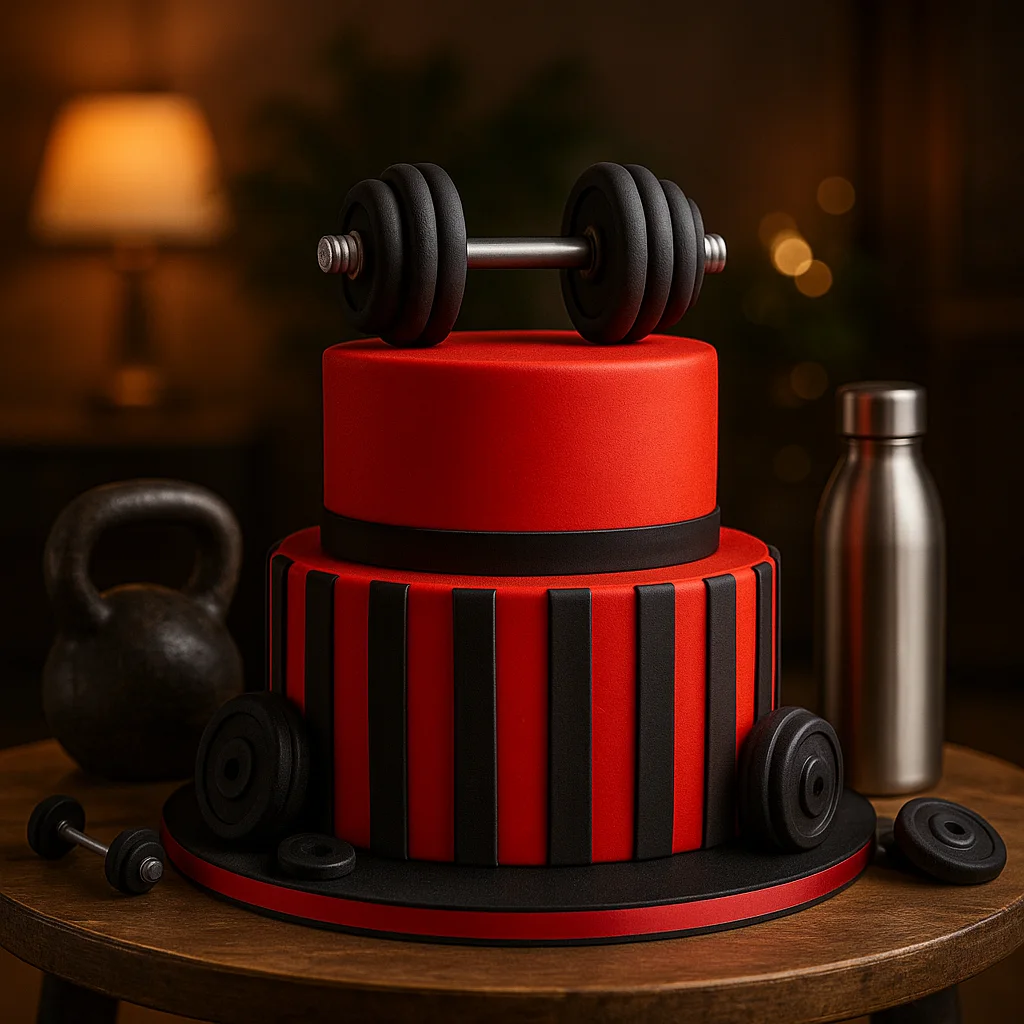 Red and Black Dumbbell Cake - TF Cakes Online Delivery Freshly baked handcrafted Red and Black Dumbbell Cake – Cake design by TF Cakes