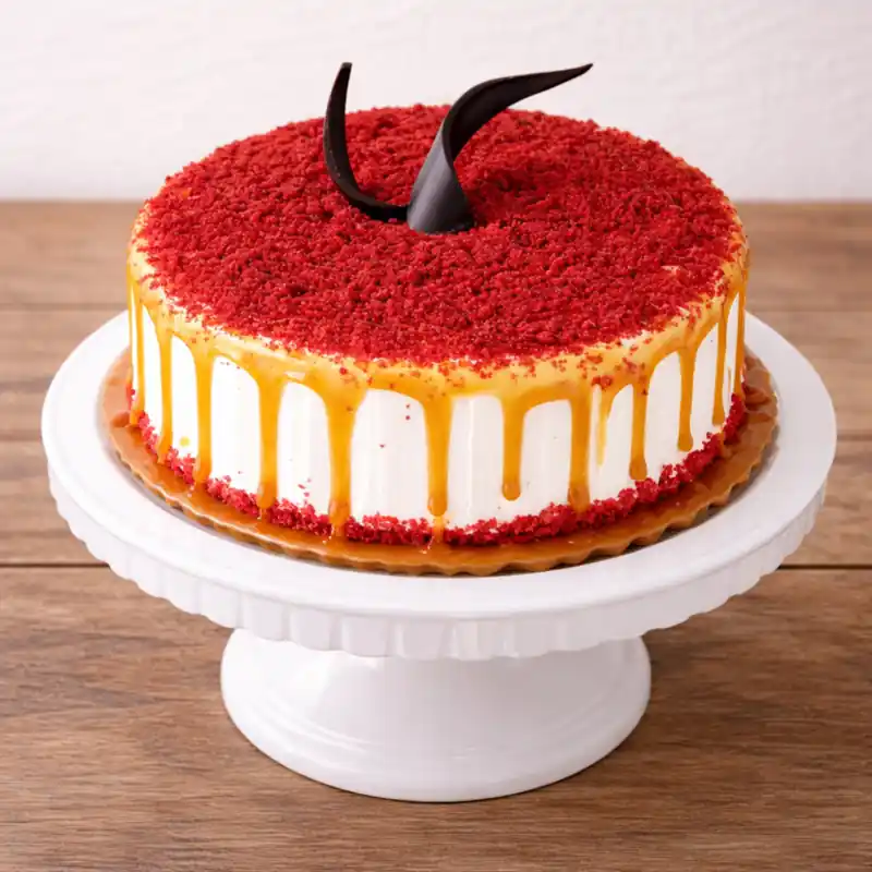 Red Velvet Caramel Drip Cake - TF Cakes Online Delivery Freshly baked handcrafted Red Velvet Caramel Drip Cake – Cake design by TF Cakes