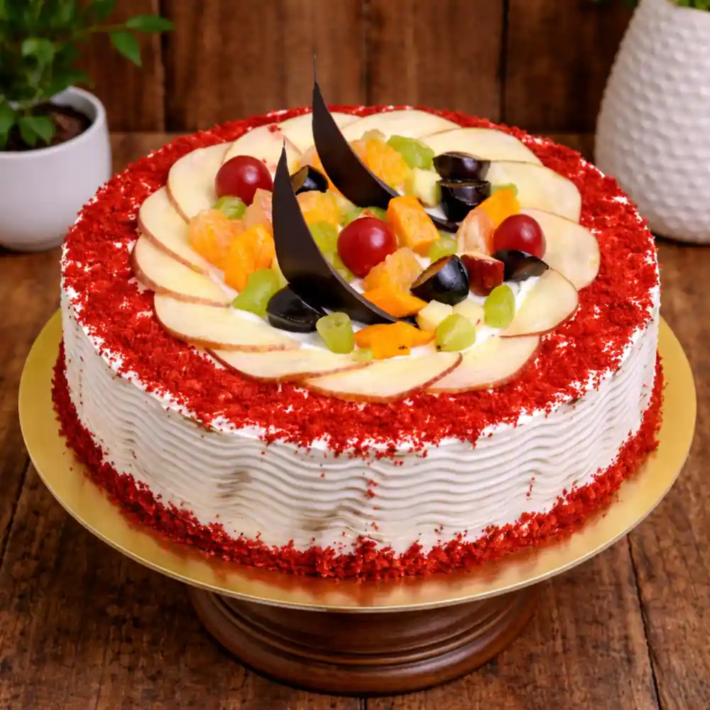 Red Velvet Fruit Crown Cake - TF Cakes Online Delivery Freshly baked handcrafted Red Velvet Fruit Crown Cake – Cake design by TF Cakes