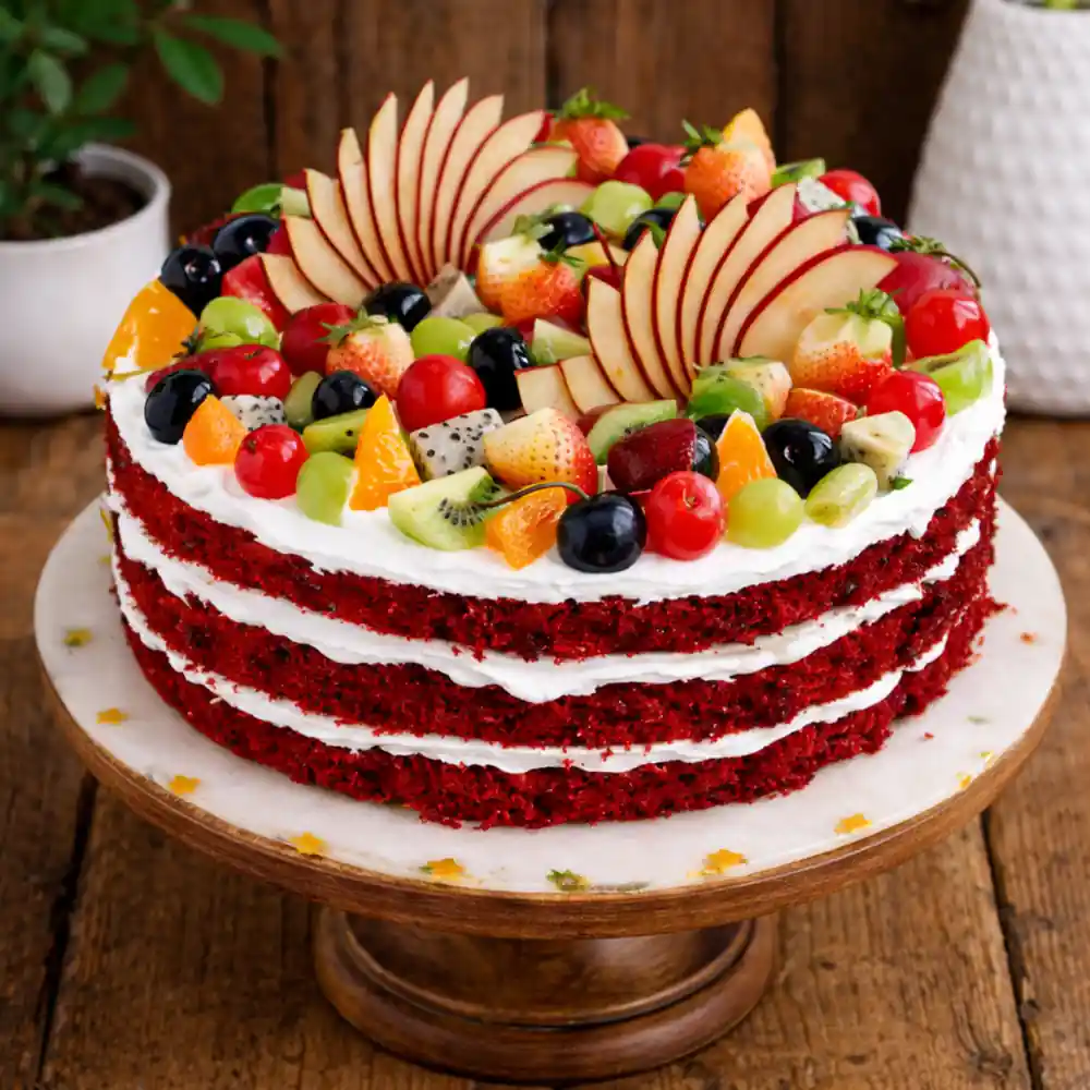 Red Velvet Mix Fruit Celebration Cake - TF Cakes Online Delivery Freshly baked handcrafted Red Velvet Mix Fruit Celebration Cake – Cake design by TF Cakes