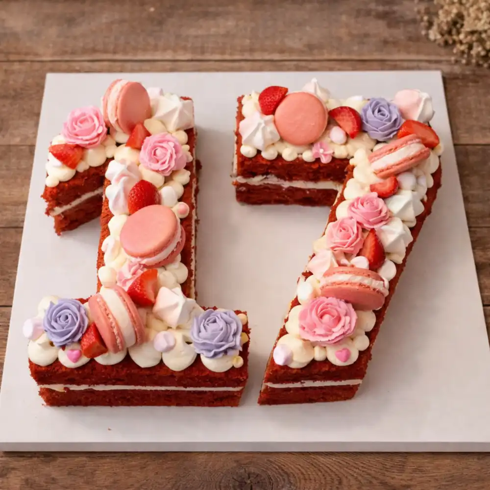 Red Velvet Strawberry Number 17 Cake - TF Cakes Online Delivery Freshly baked handcrafted Red Velvet Strawberry Number 17 Cake – Cake design by TF Cakes