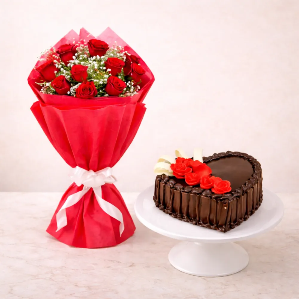 Romantic Heart Chocolate Cake with Red Rose Bouquet - TF Cakes Online Delivery Freshly baked handcrafted Romantic Heart Chocolate Cake with Red Rose Bouquet – Cake design by TF Cakes